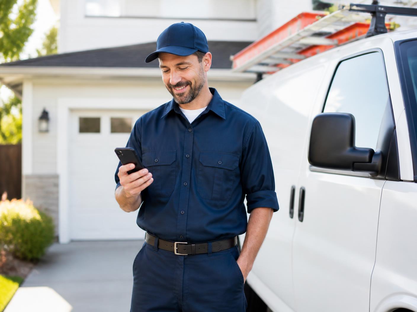 HVAC business owner checking a message on his phone beside his service van